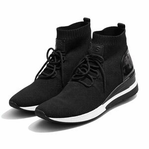 New! $160 Michael Kors Black Lace Front Knit Sock Sneaker with White Accent Sz 9